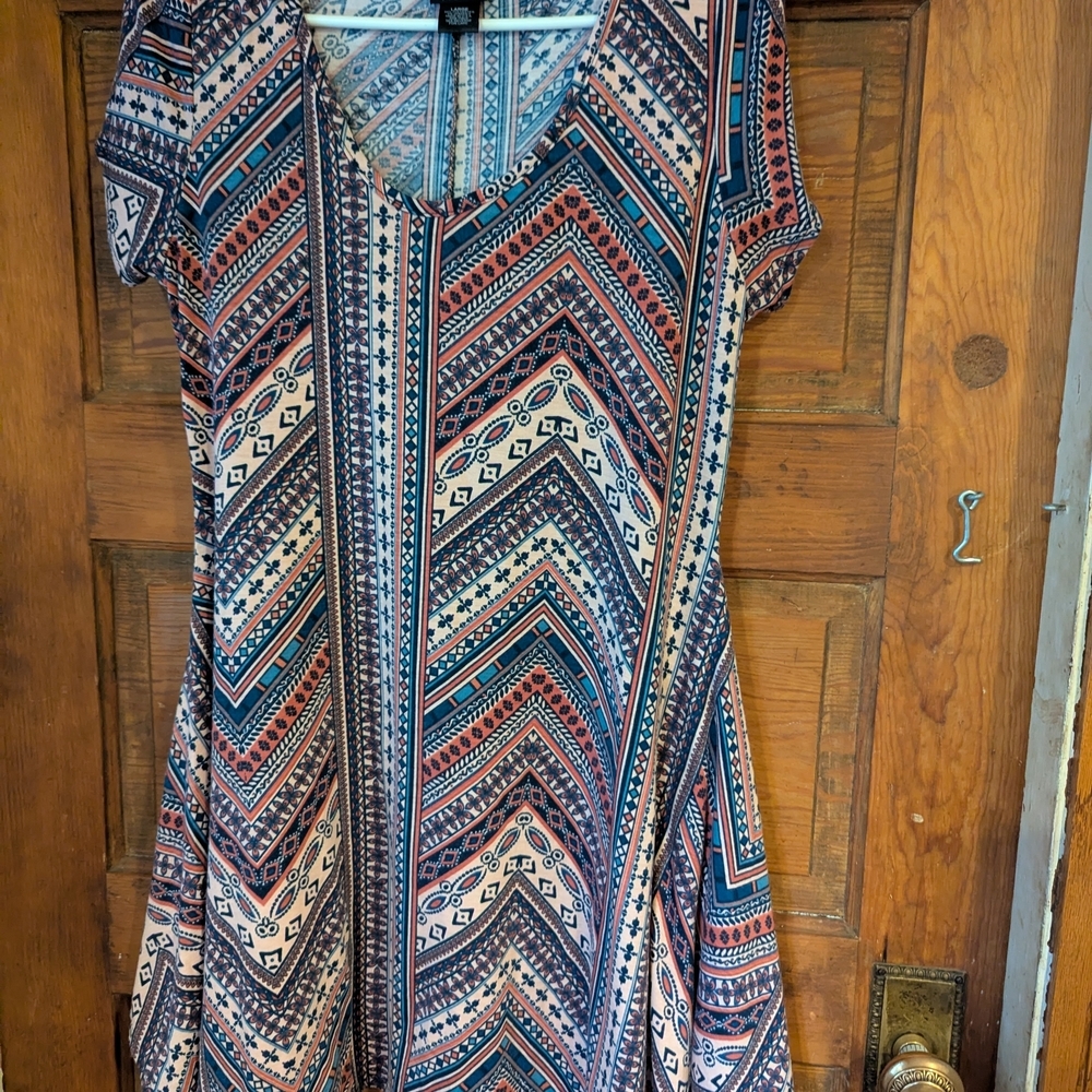 rue21 Womens Large Blue Orange Geometric Tribal Handkerchief Hem Dress Short Slv
